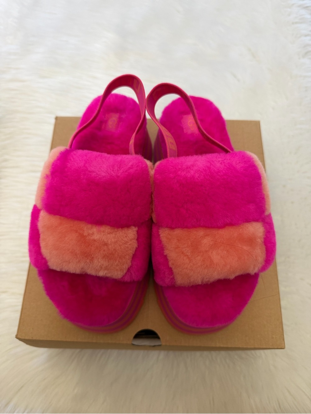 UGG Disco Checker Hot Pink & Coral Fuzzy Slide Sandals Sz 7